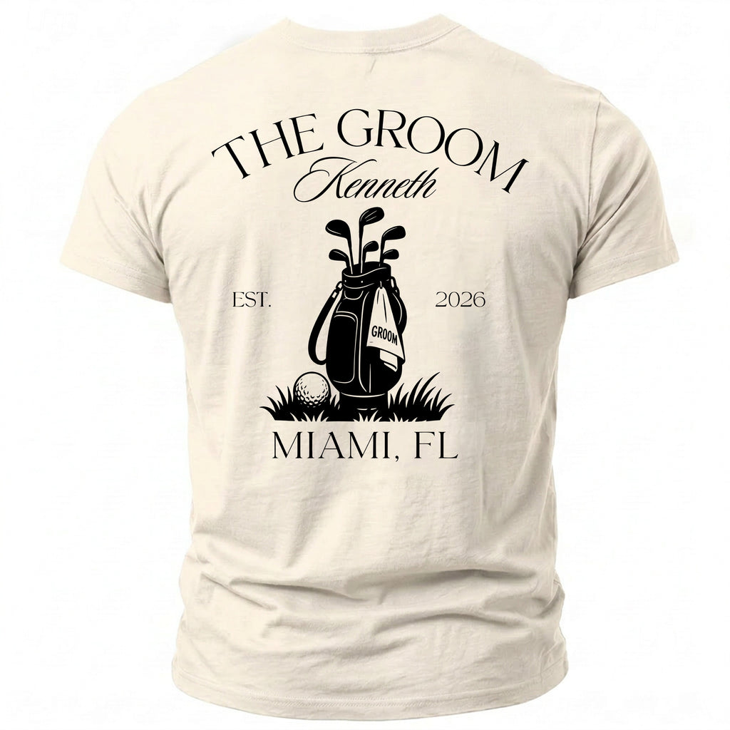 Cream t-shirt with "The Groom Kenneth" and golf bag graphic.
