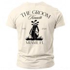 Cream t-shirt with "The Groom Kenneth" and golf bag graphic.