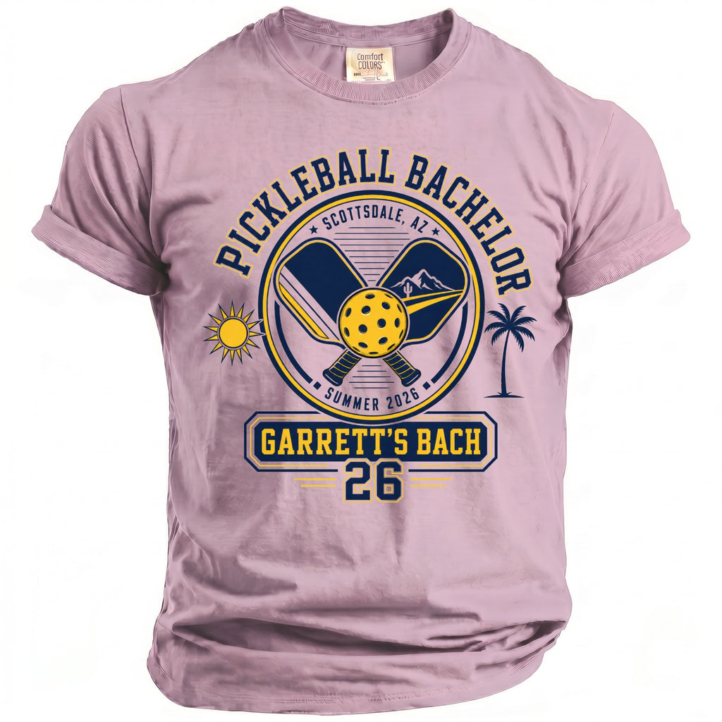 Pickleball Bachelor graphic tee with Scottsdale, AZ and Garrett's Bach 26.