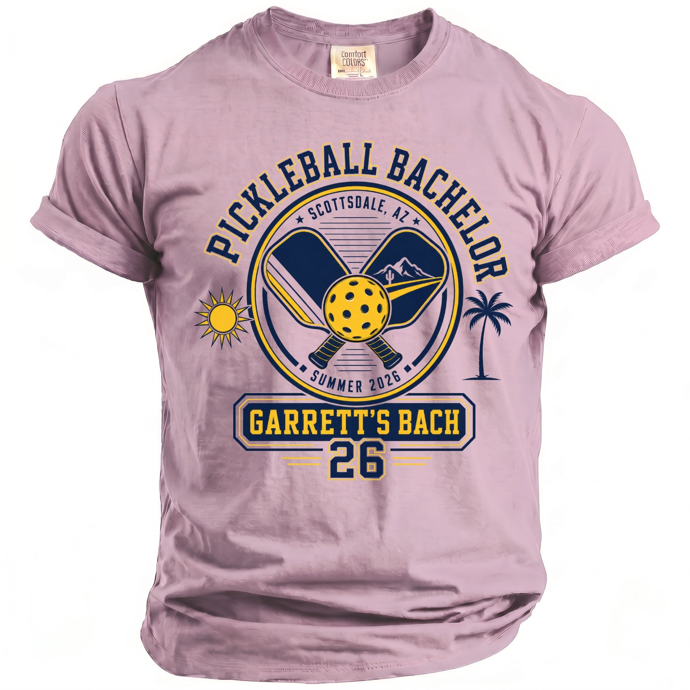 Pickleball Bachelor graphic tee with Scottsdale, AZ and Garrett's Bach 26.