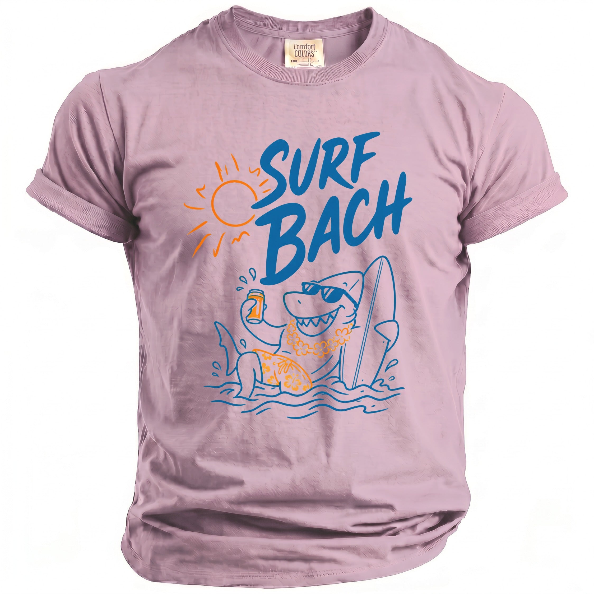 Pink t-shirt with cartoon shark, surfboard, and "Surf Bach" text.
