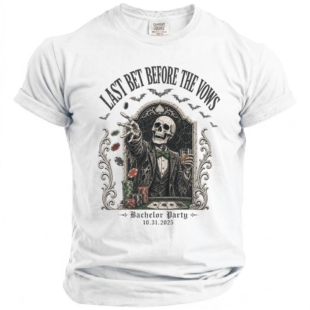 Skeleton in suit at poker table with text "Last Bet Before the Vows".