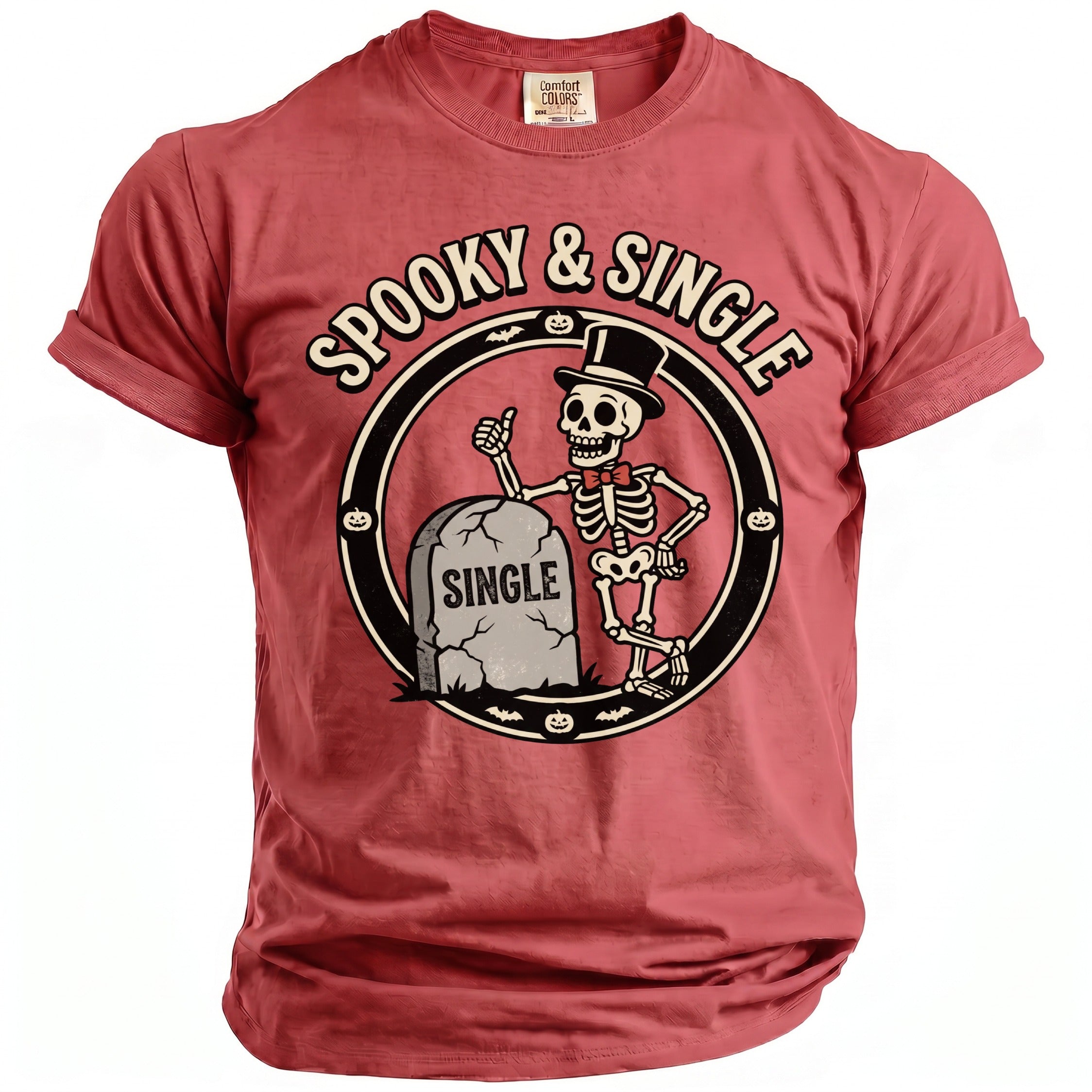 Red t-shirt with skeleton graphic and text "Spooky & Single".