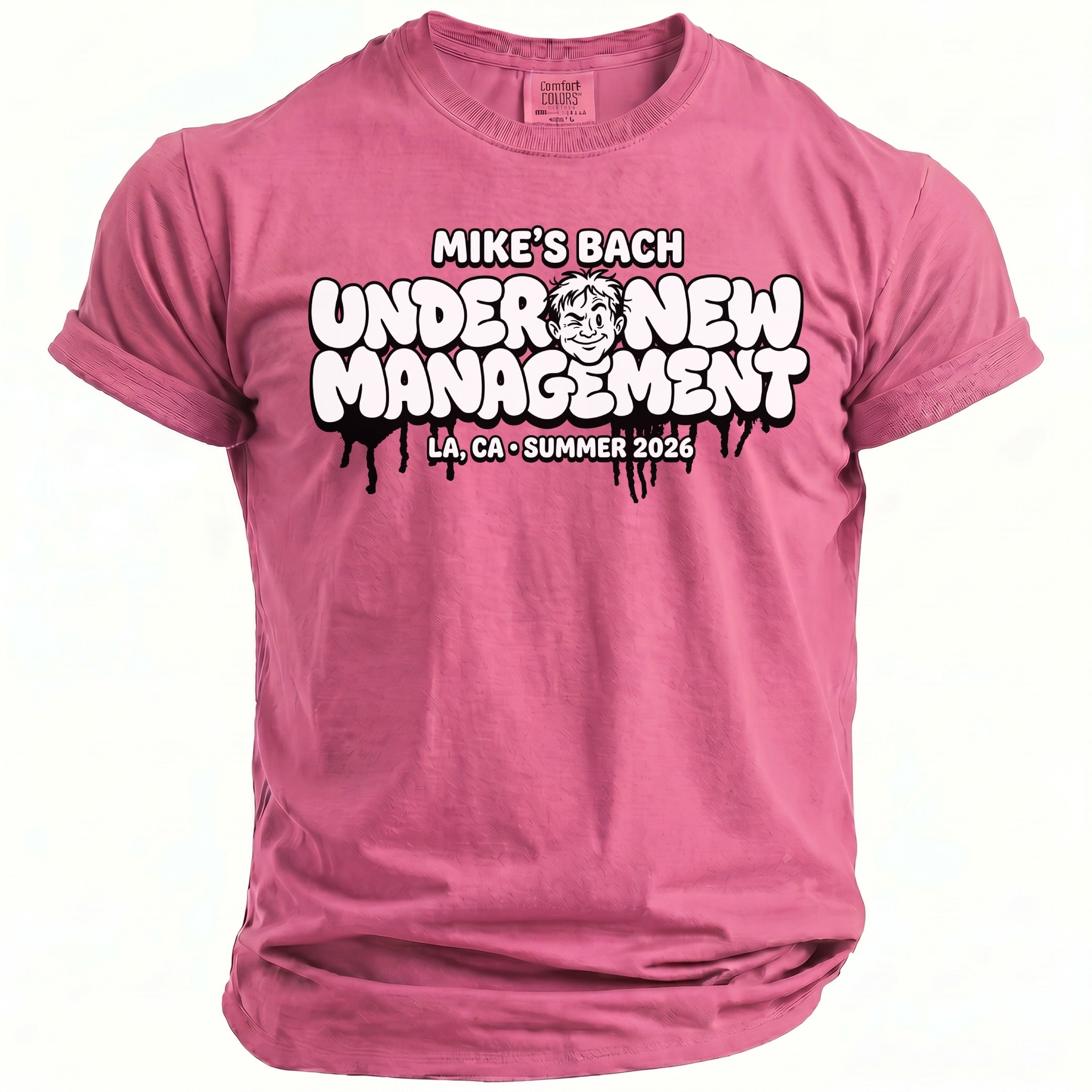 Pink t-shirt with "MIKE'S BACH UNDER NEW MANAGEMENT" graphic.