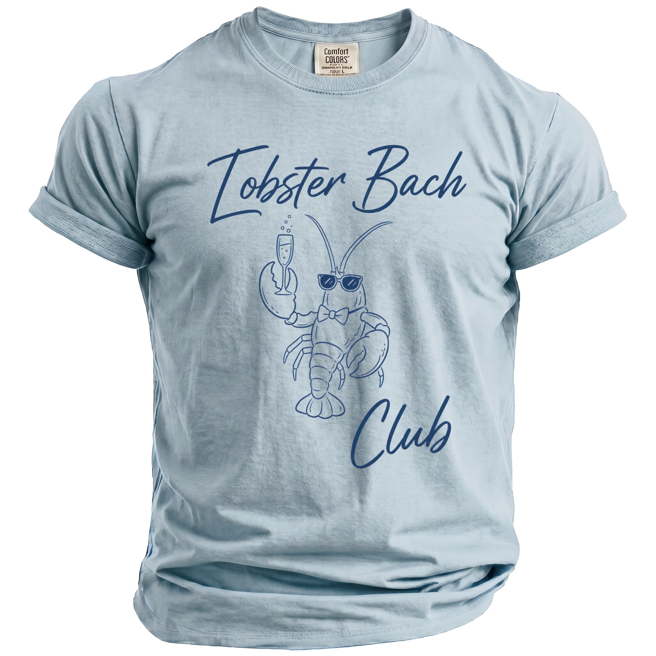 Light blue t-shirt with navy blue text "Lobster Bach Club" and lobster graphic.