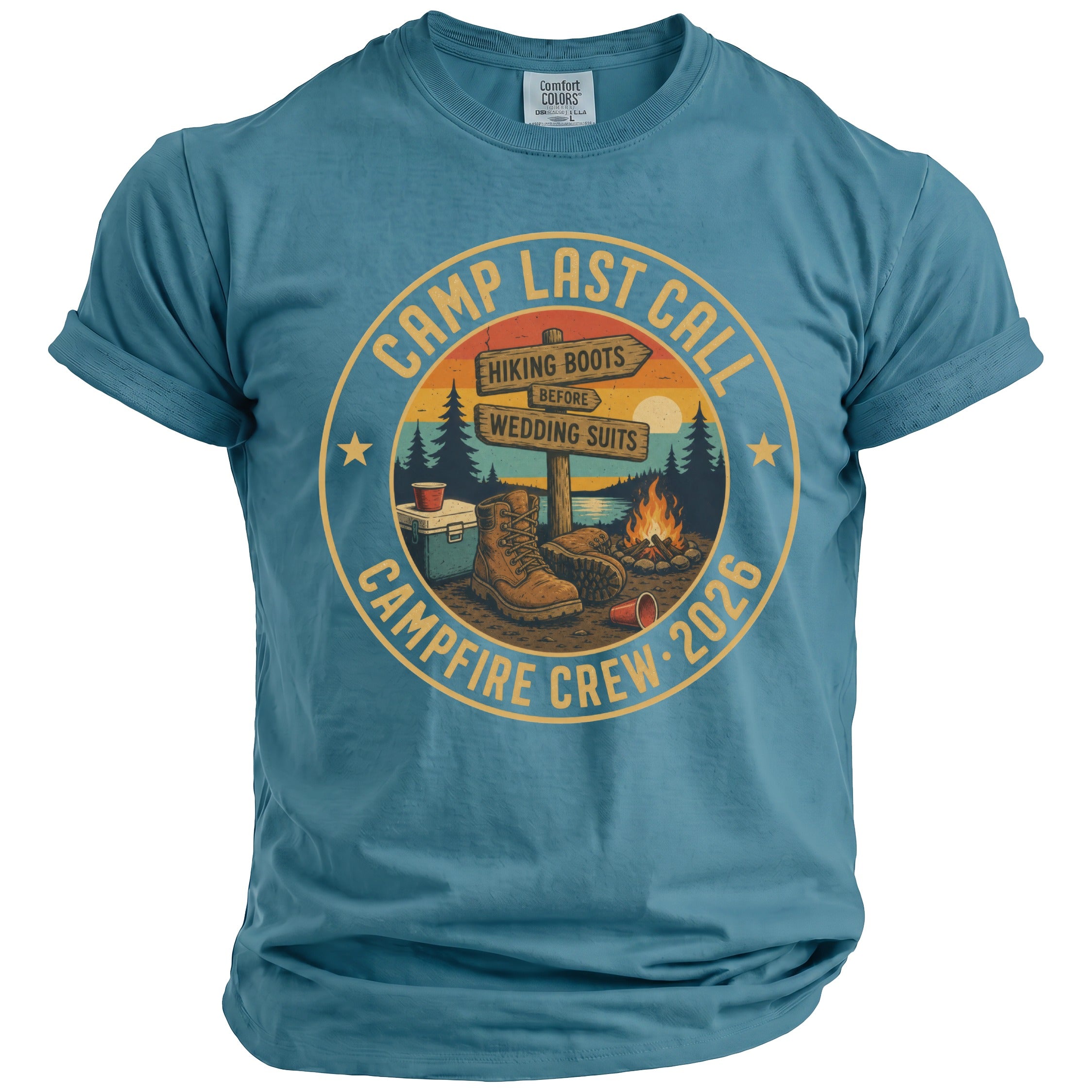 T-shirt graphic with text "Camp Last Call Campfire Crew 2026".