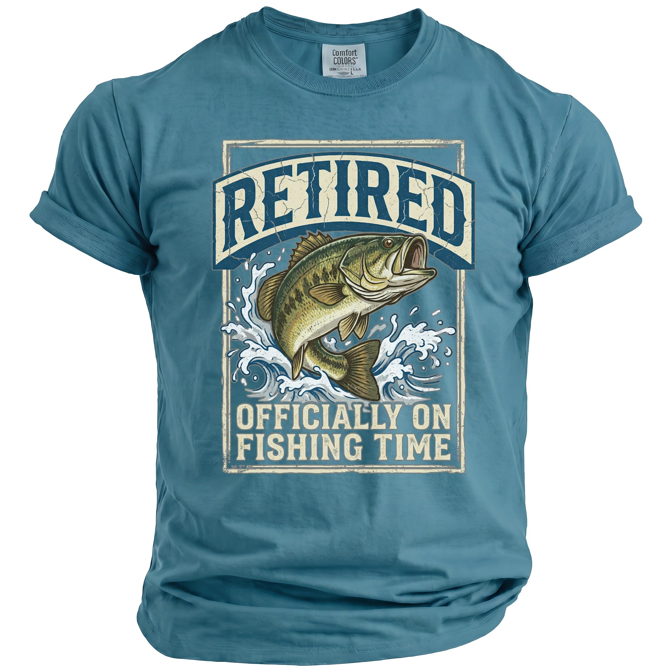 T-shirt with bass jumping out of water and text "Retired Officially On Fishing Time."