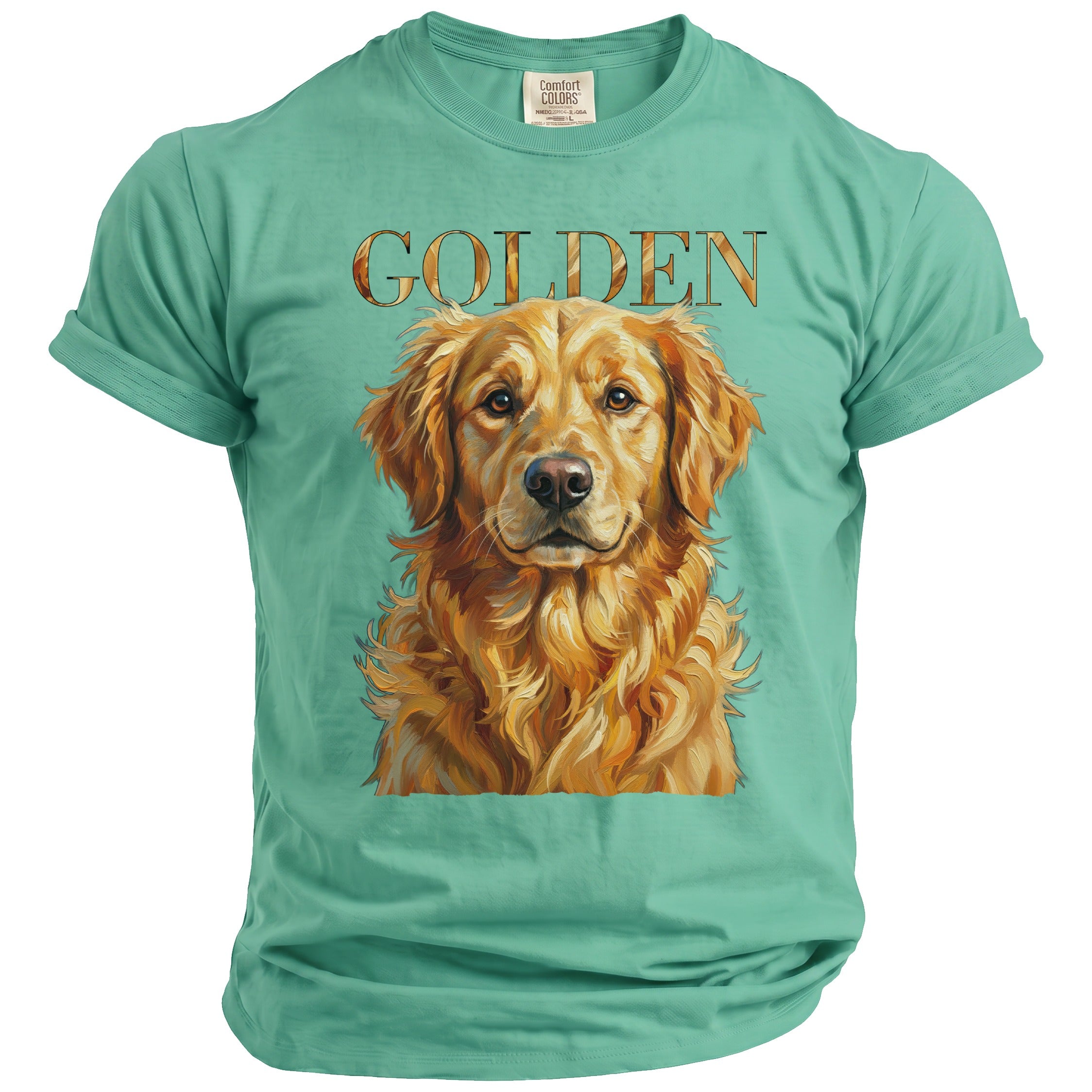 Teal t-shirt with a Golden Retriever portrait and "GOLDEN" text.