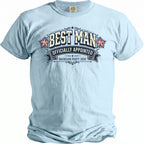Light blue t-shirt with "BEST MAN OFFICIALLY APPOINTED BACHELOR PARTY 2026" graphic.