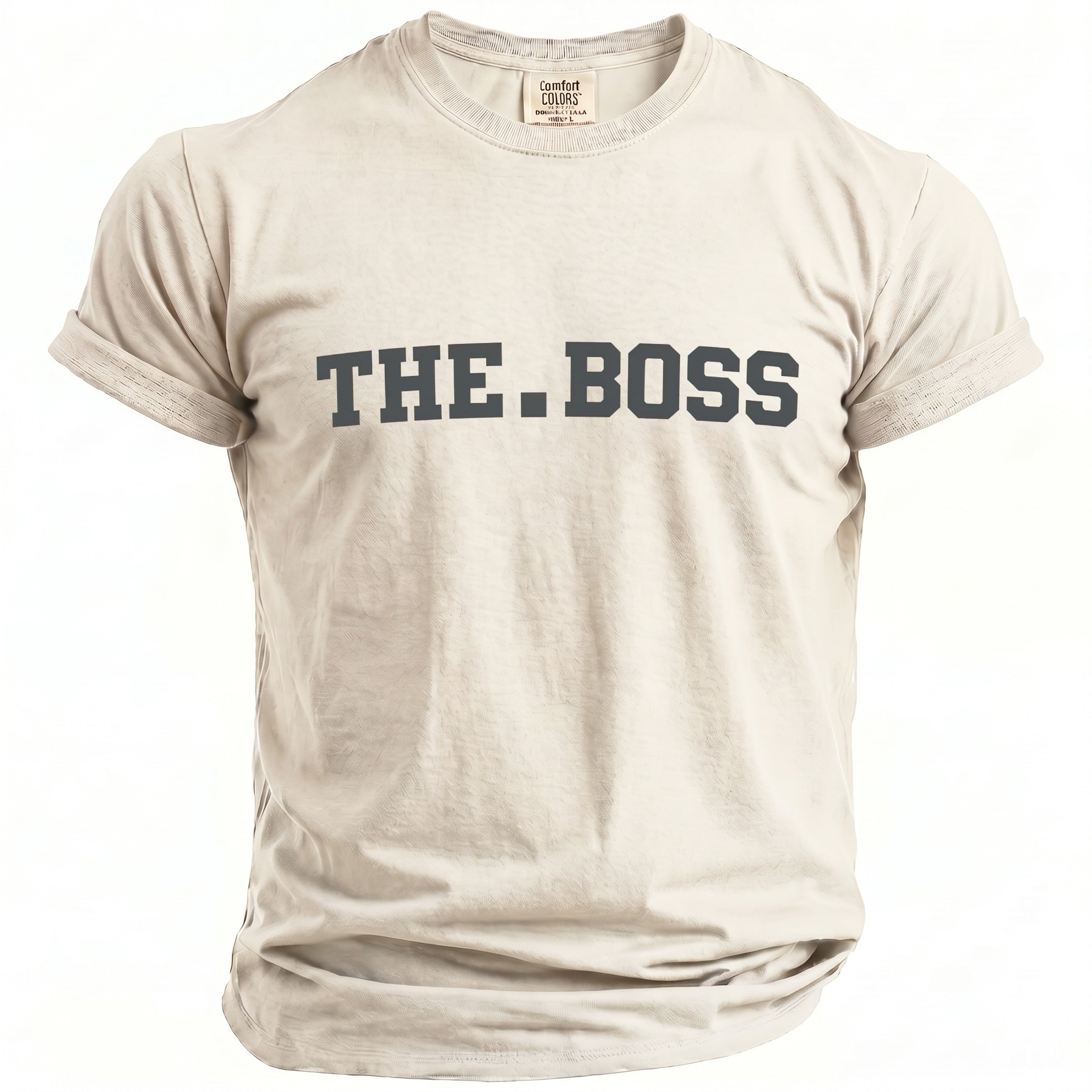 T-shirt with "THE.BOSS" printed in bold gray letters.