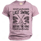 Pink t-shirt with graphic: "Last Swing Before the Ring" and golf imagery.