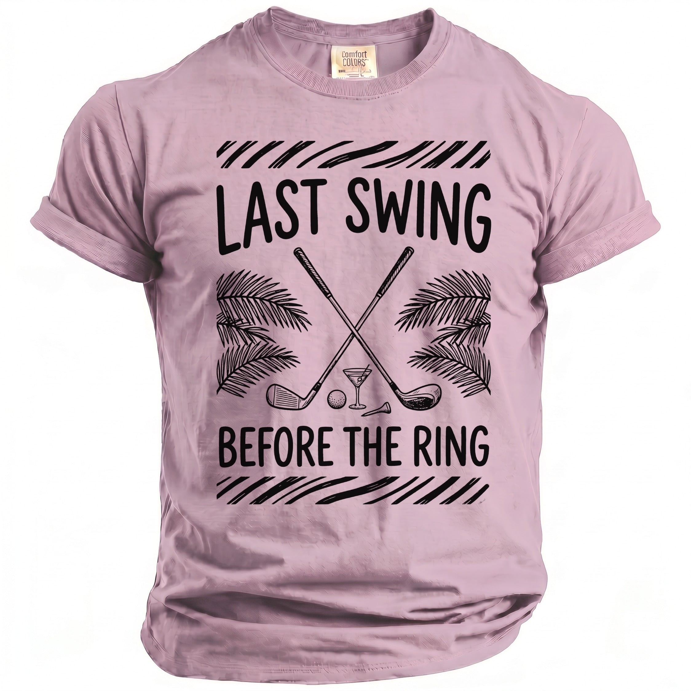Pink t-shirt with graphic: "Last Swing Before the Ring" and golf imagery.