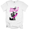 White t-shirt with graffiti art of a child painting stars with pink brush stroke.