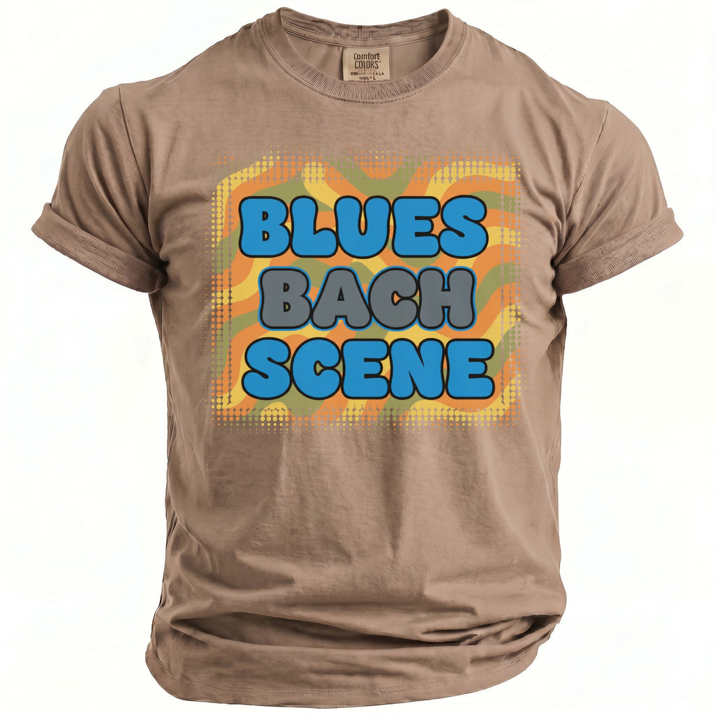 Brown t-shirt with "BLUES BACH SCENE" text in blue and grey bubble letters.