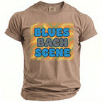 Brown t-shirt with "BLUES BACH SCENE" text in blue and grey bubble letters.