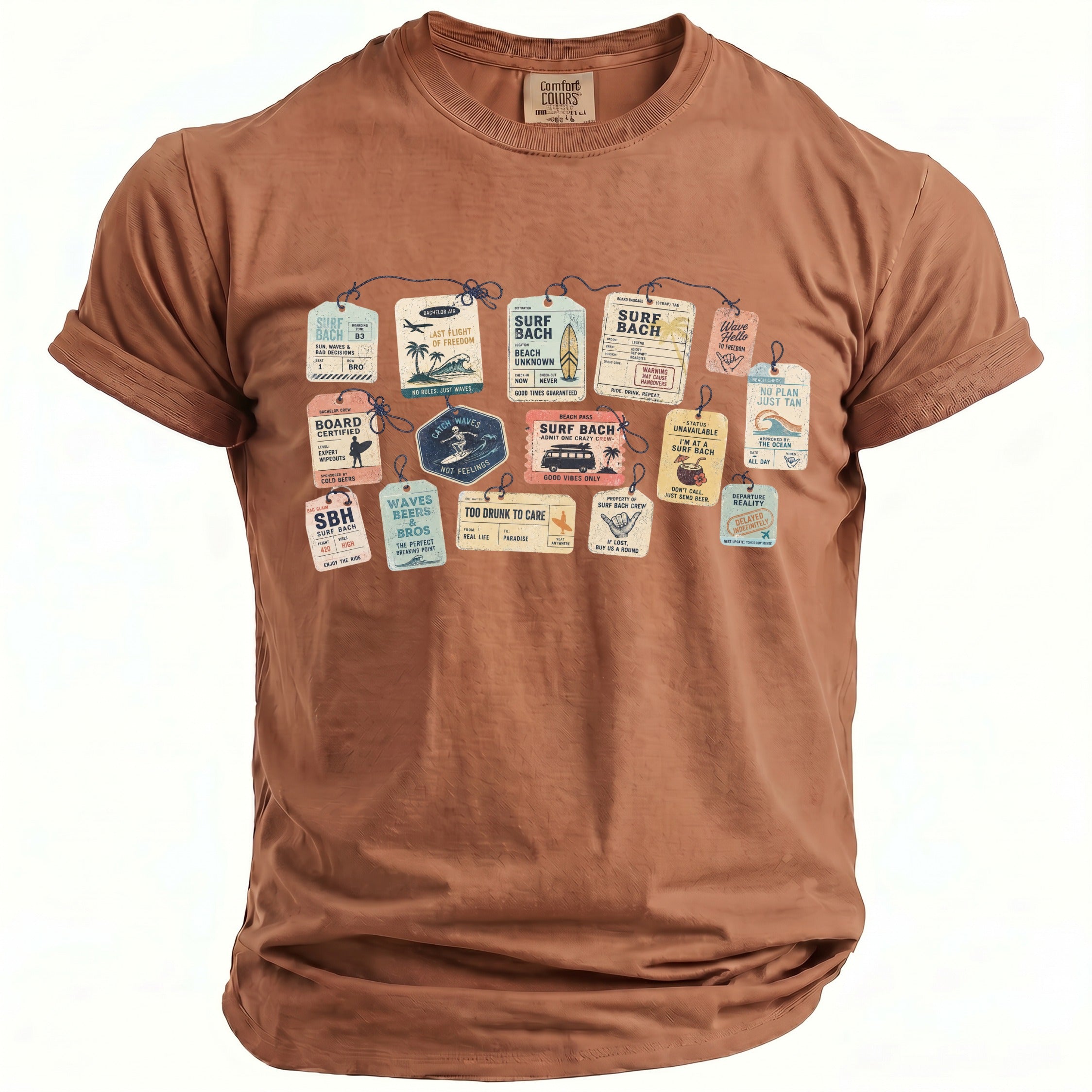 Brown t-shirt with multiple "Surf Bach" themed tags featuring beach and travel motifs.