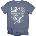 Blue t-shirt with "CREATE SOMETHING WORTH GETTING MESSY" and art supplies graphic.