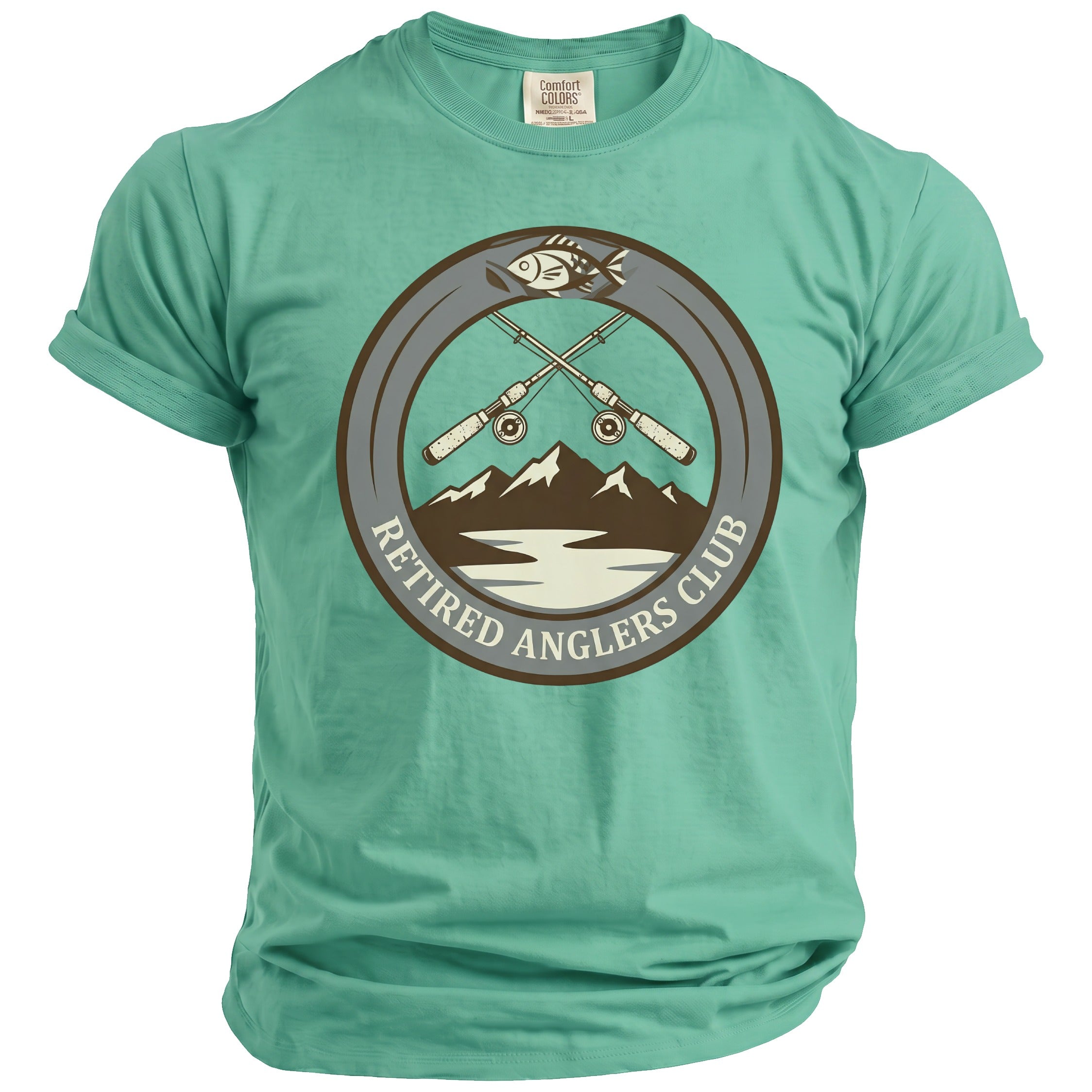 Aqua t-shirt with "Retired Anglers Club" graphic featuring crossed fishing rods and a fish.