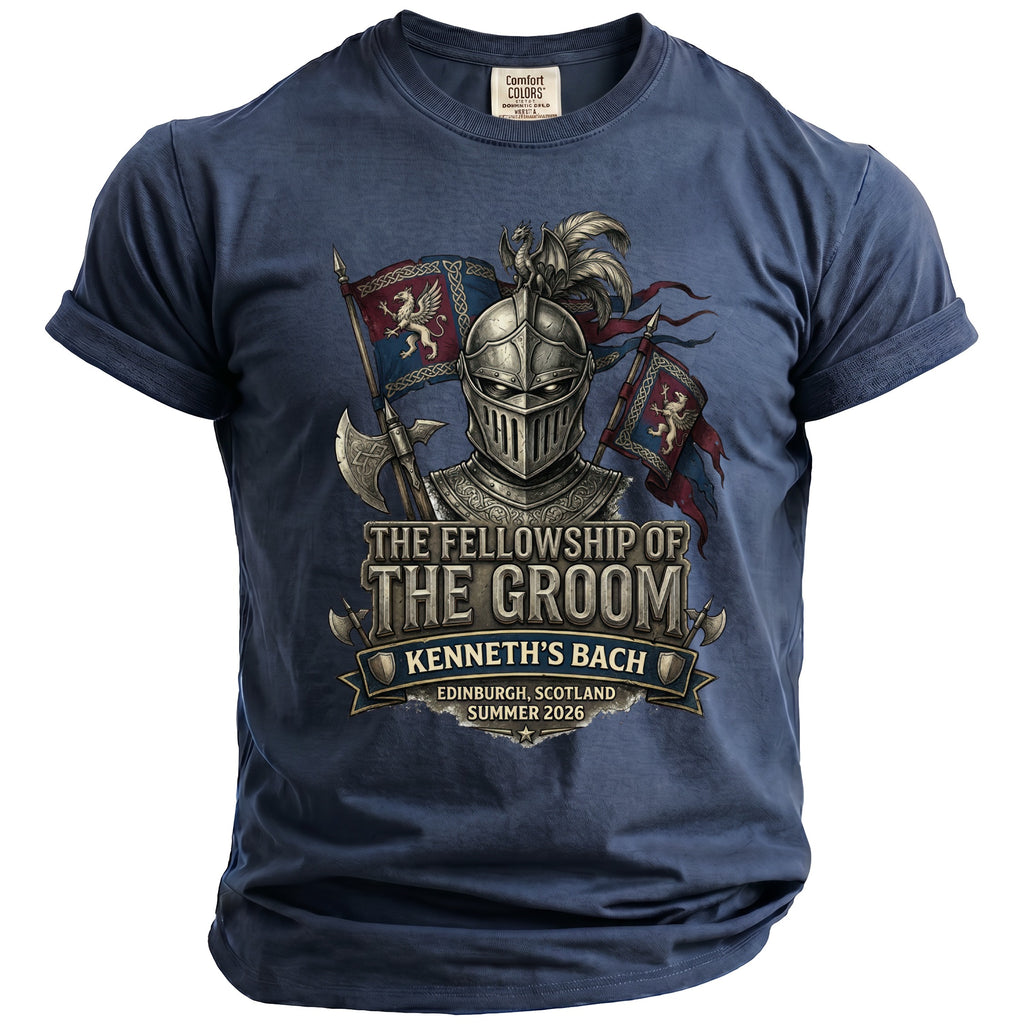 T-shirt with knight, flags, and text: "The Fellowship of the Groom, Kenneth's Bach, Edinburgh, Scotland, Summer 2026".