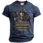 T-shirt with knight, flags, and text: "The Fellowship of the Groom, Kenneth's Bach, Edinburgh, Scotland, Summer 2026".