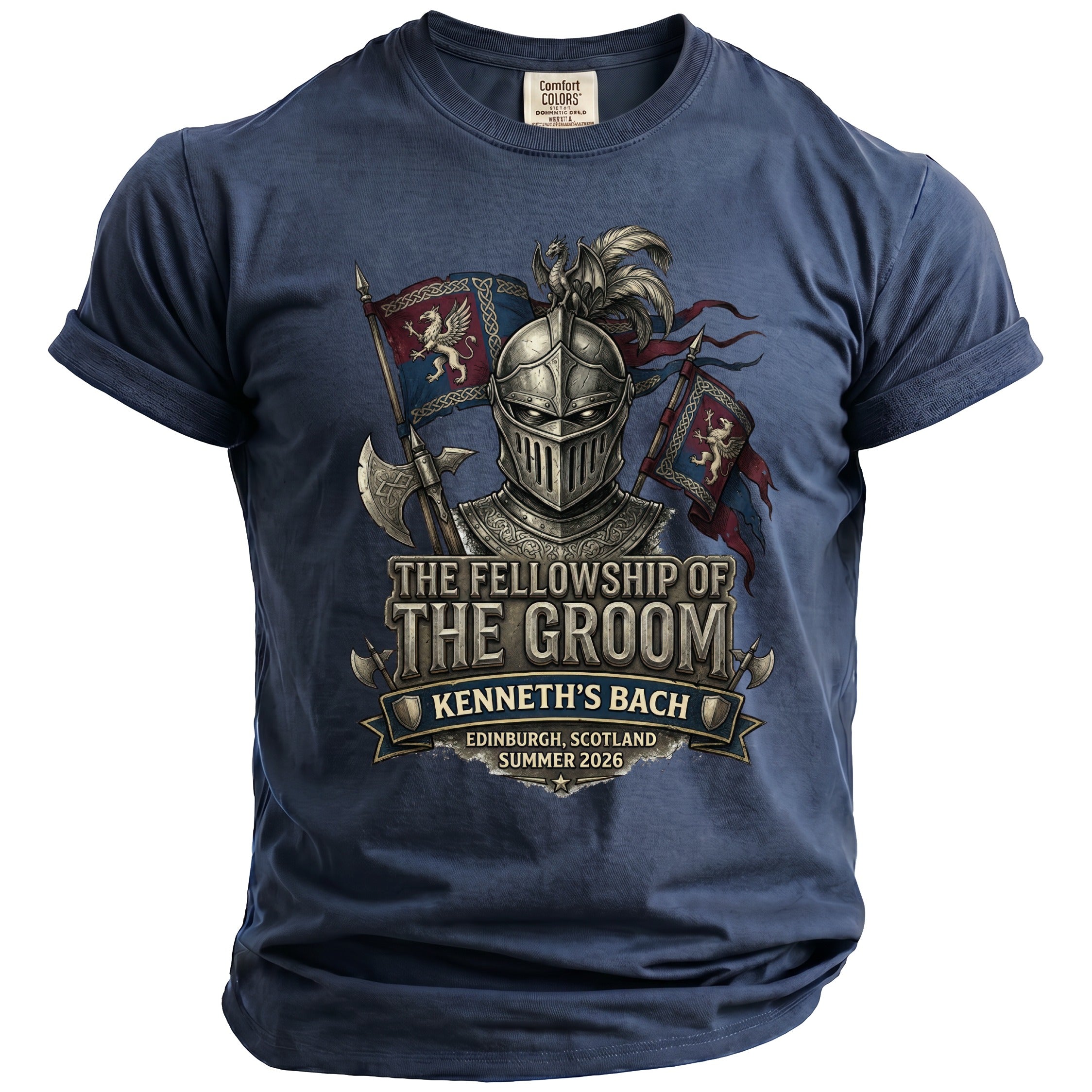 T-shirt with knight, flags, and text: "The Fellowship of the Groom, Kenneth's Bach, Edinburgh, Scotland, Summer 2026".