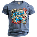 A blue t-shirt featuring a colorful retro graphic with nautical elements, playing cards, and text that reads Last Sail Before the Veil.