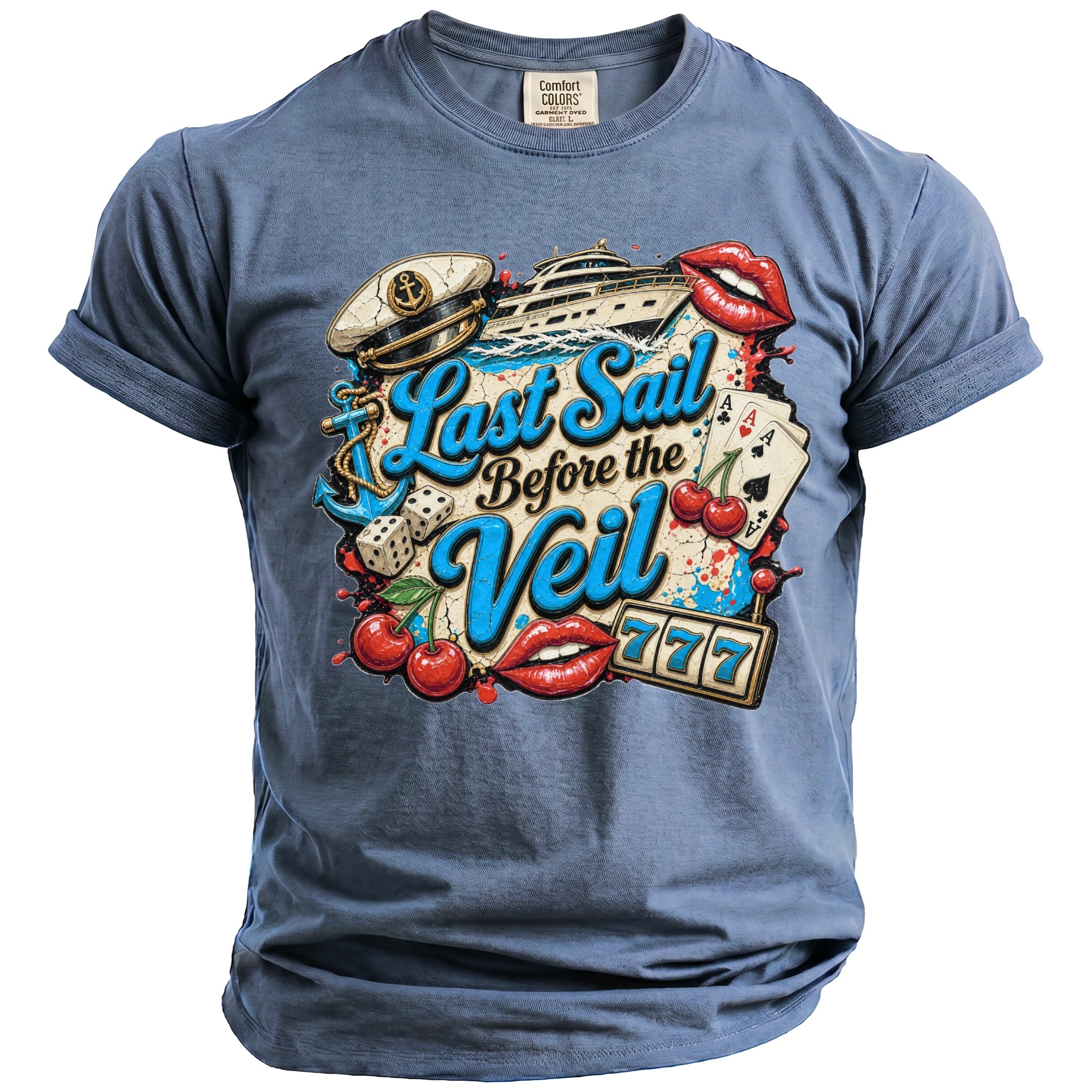A blue t-shirt featuring a colorful retro graphic with nautical elements, playing cards, and text that reads Last Sail Before the Veil.