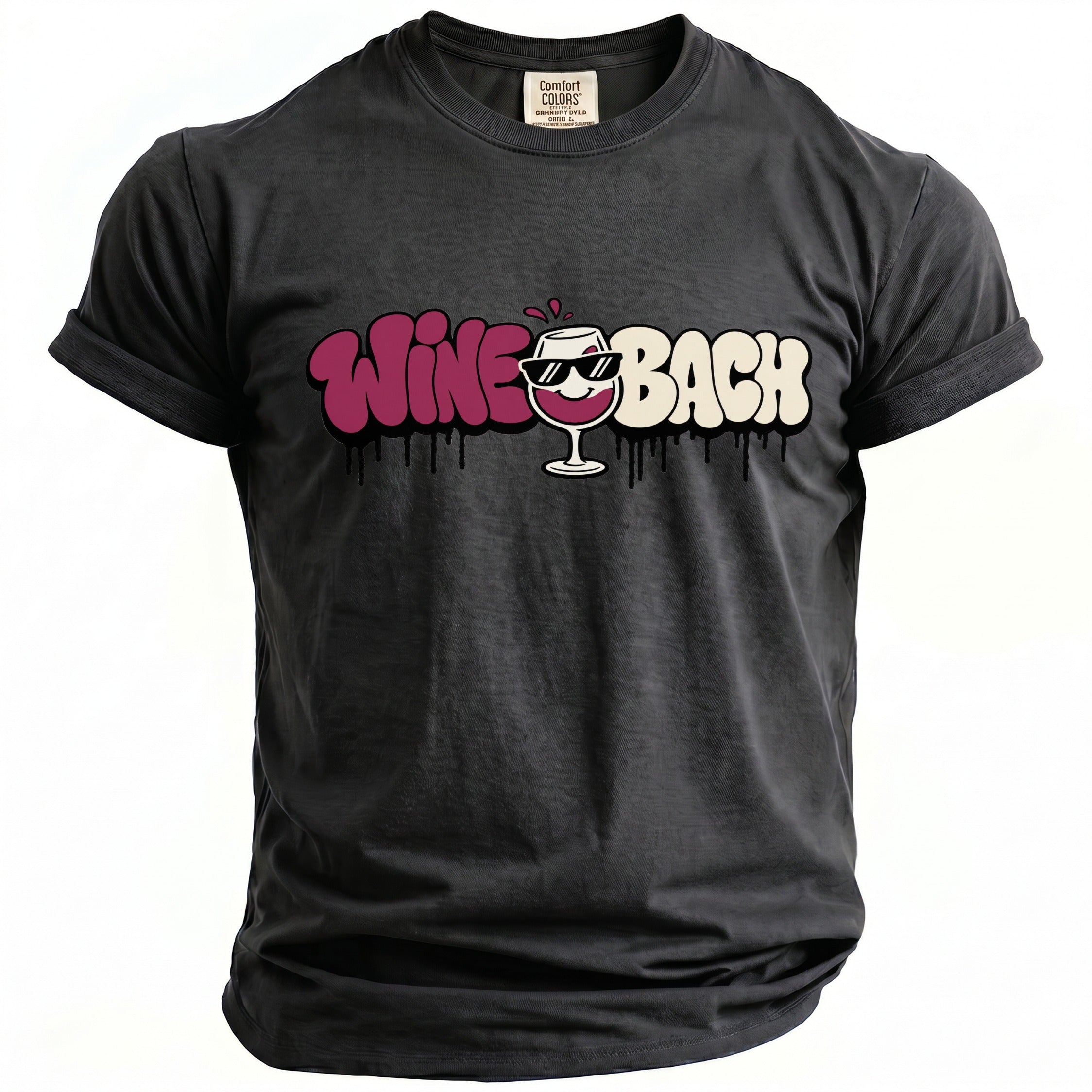 Dark gray t-shirt with "Wine Bach" graphic featuring a wine glass.