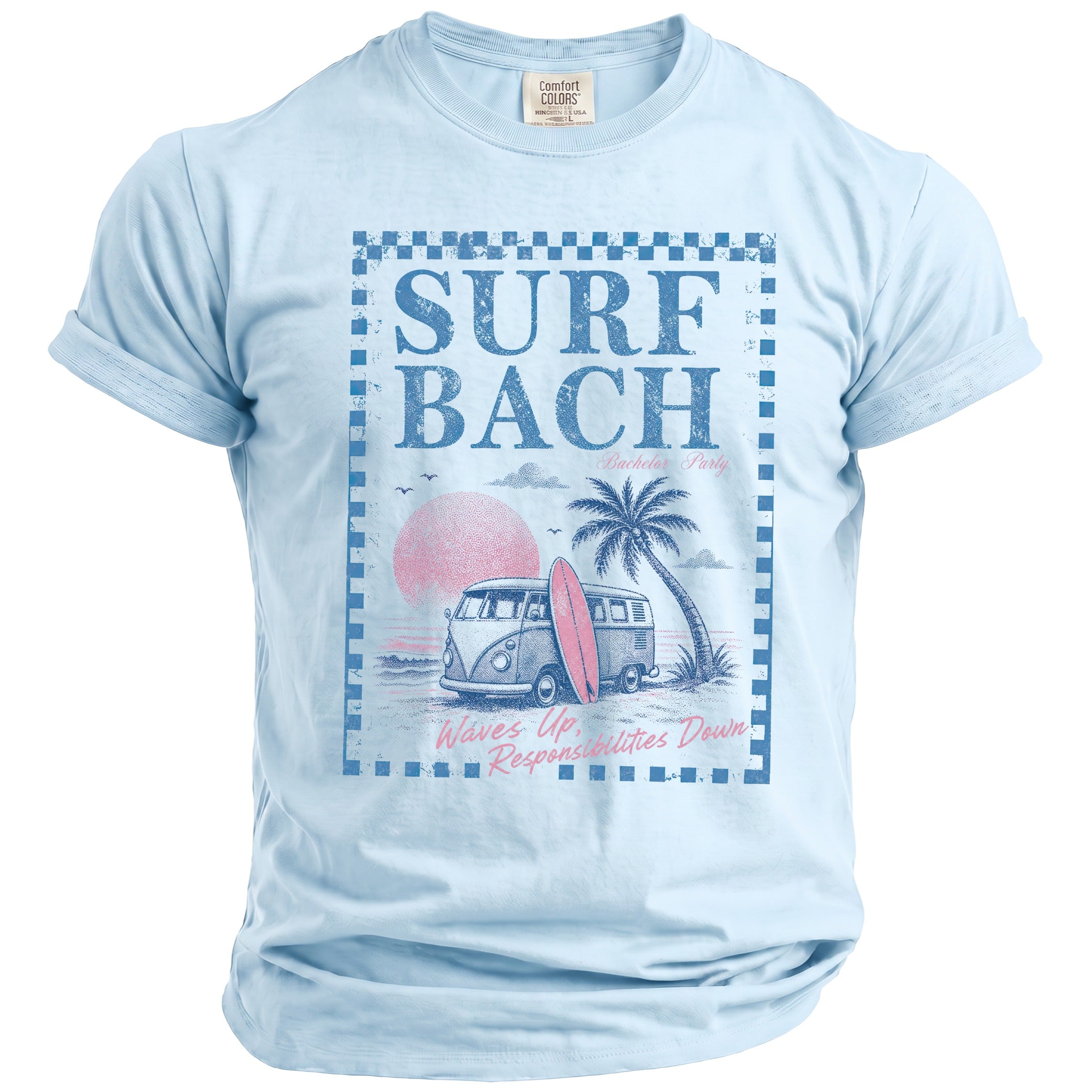 Surf Bach Bachelor Party t-shirt with van, surfboard, palm tree, and sunset graphic.