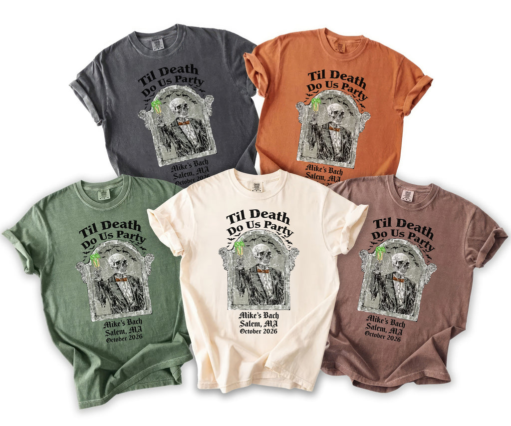 Five t-shirts in different colors with a skeleton graphic and text "Til Death Do Us Party".