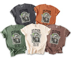 Five t-shirts in different colors with a skeleton graphic and text "Til Death Do Us Party".