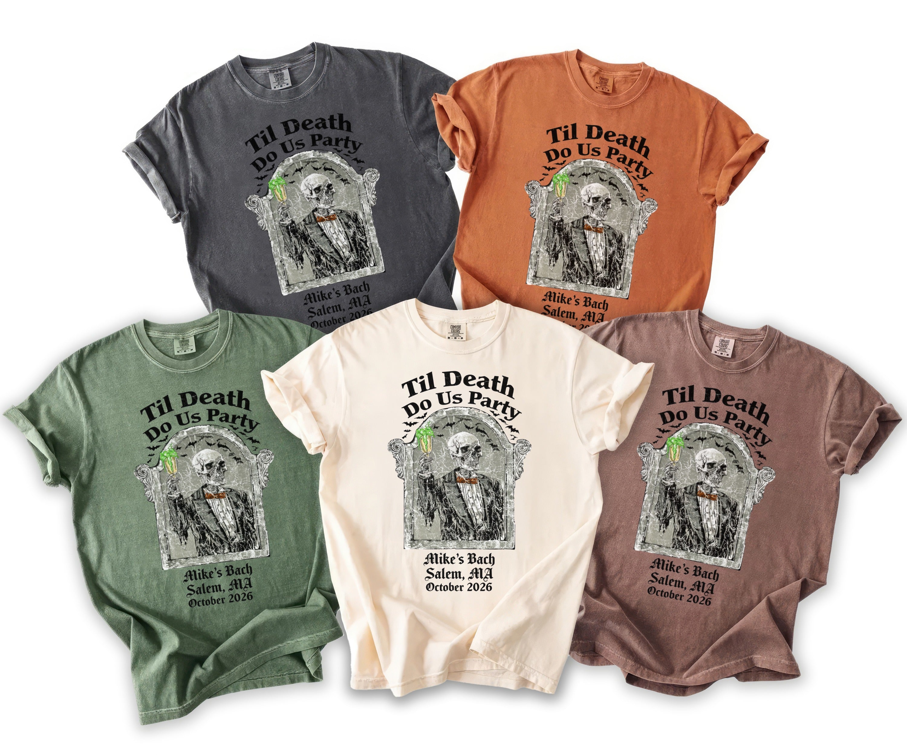 Five t-shirts in different colors with a skeleton graphic and text "Til Death Do Us Party".