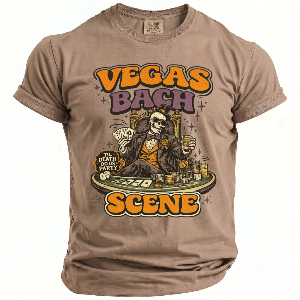 T-shirt with skeleton playing poker, Vegas Bach Scene text, and Til Death Do Us Party.