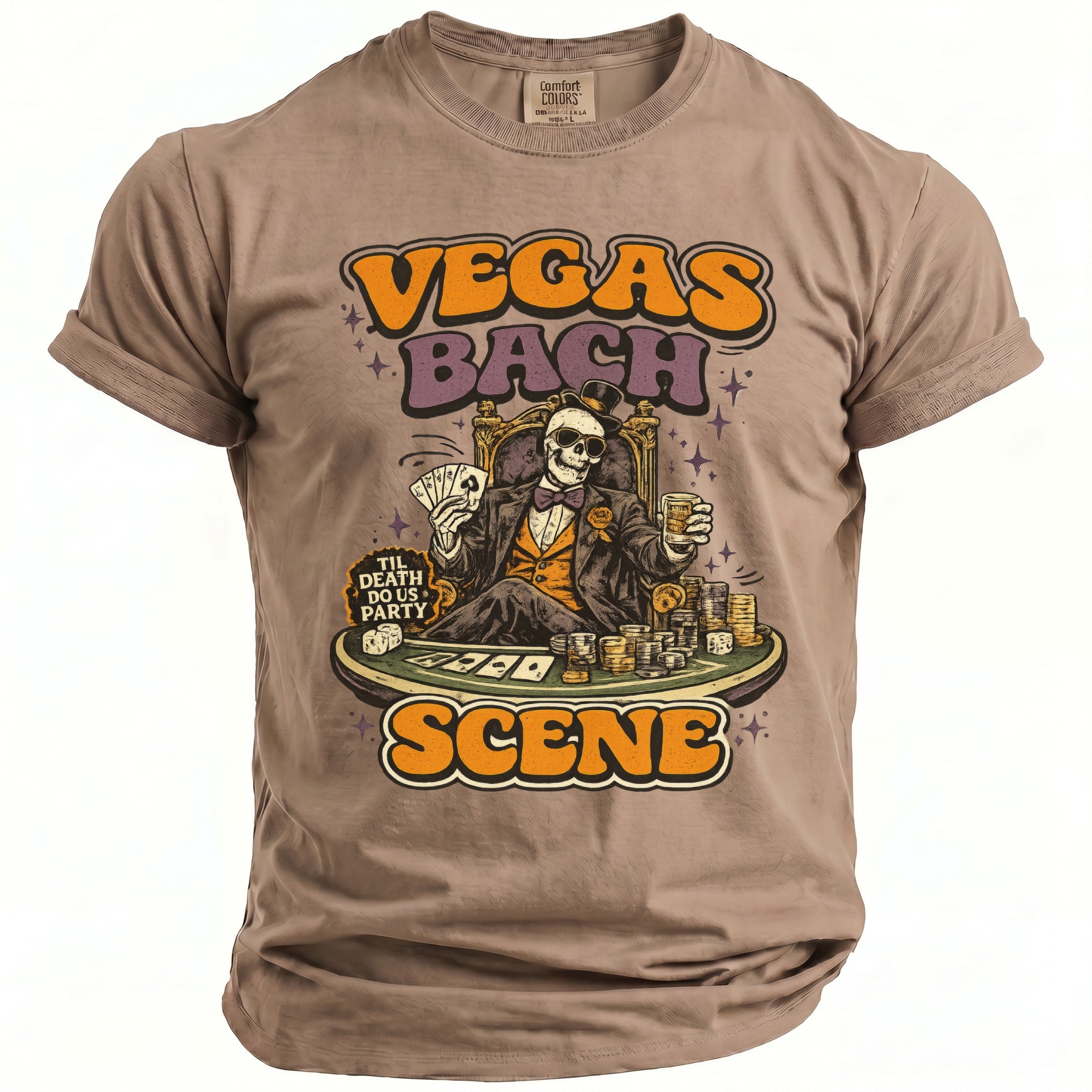 T-shirt with skeleton playing poker, Vegas Bach Scene text, and Til Death Do Us Party.