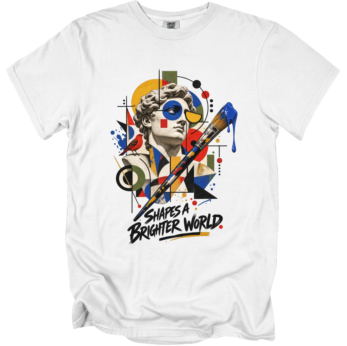 White t-shirt with abstract art featuring a bust, paintbrush, bird, and text.