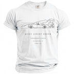 White t-shirt with a line drawing of a convertible and text "QUIET LUXURY GROOM THEODORE'S BACH THE HAMTONS, NY SUMMER 2026".