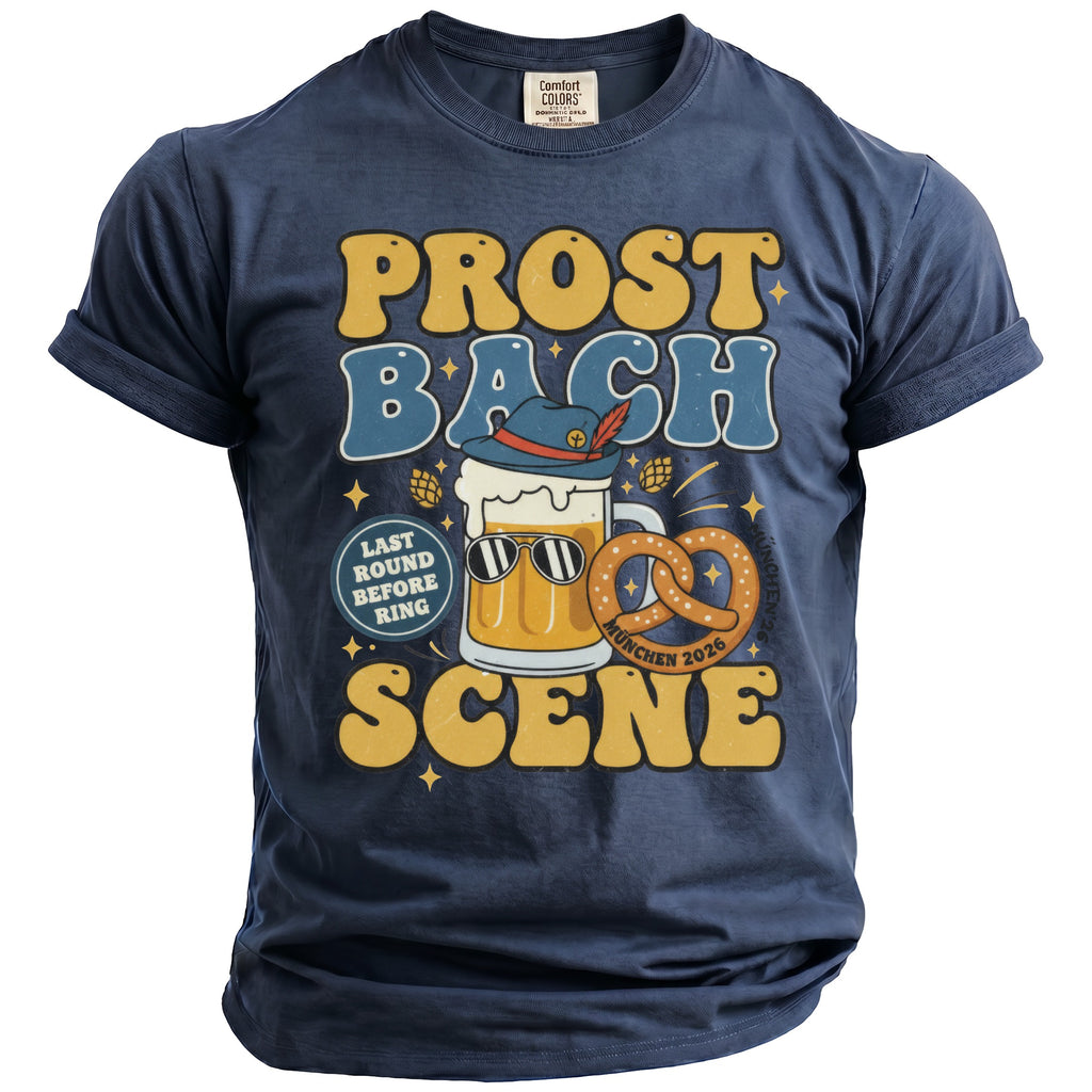 Navy t-shirt with "Prost Bach" graphic featuring sunglasses-wearing beer, pretzel, and "Munchen 2026" text.