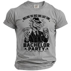 T-shirt with a dragon holding cards and a drink, text "BACHELOR PARTY".