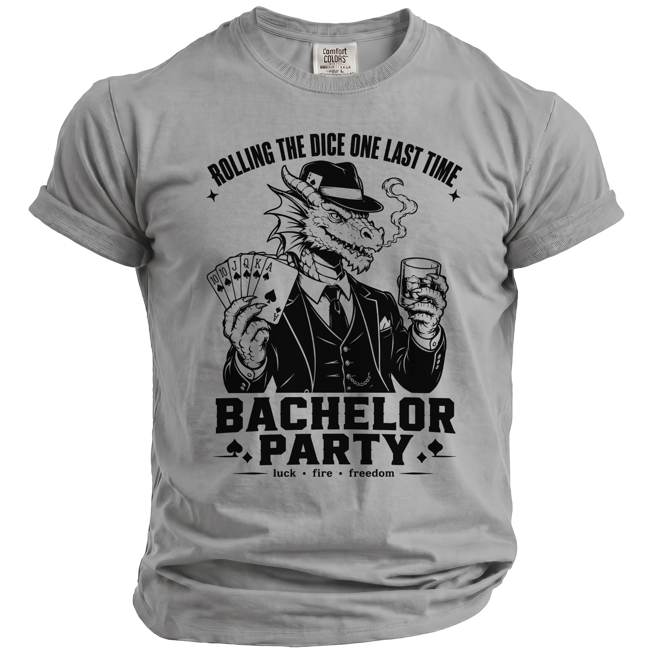 T-shirt with a dragon holding cards and a drink, text "BACHELOR PARTY".