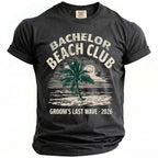 Black t-shirt with "Bachelor Beach Club Groom's Last Wave 2026" text and palm tree.