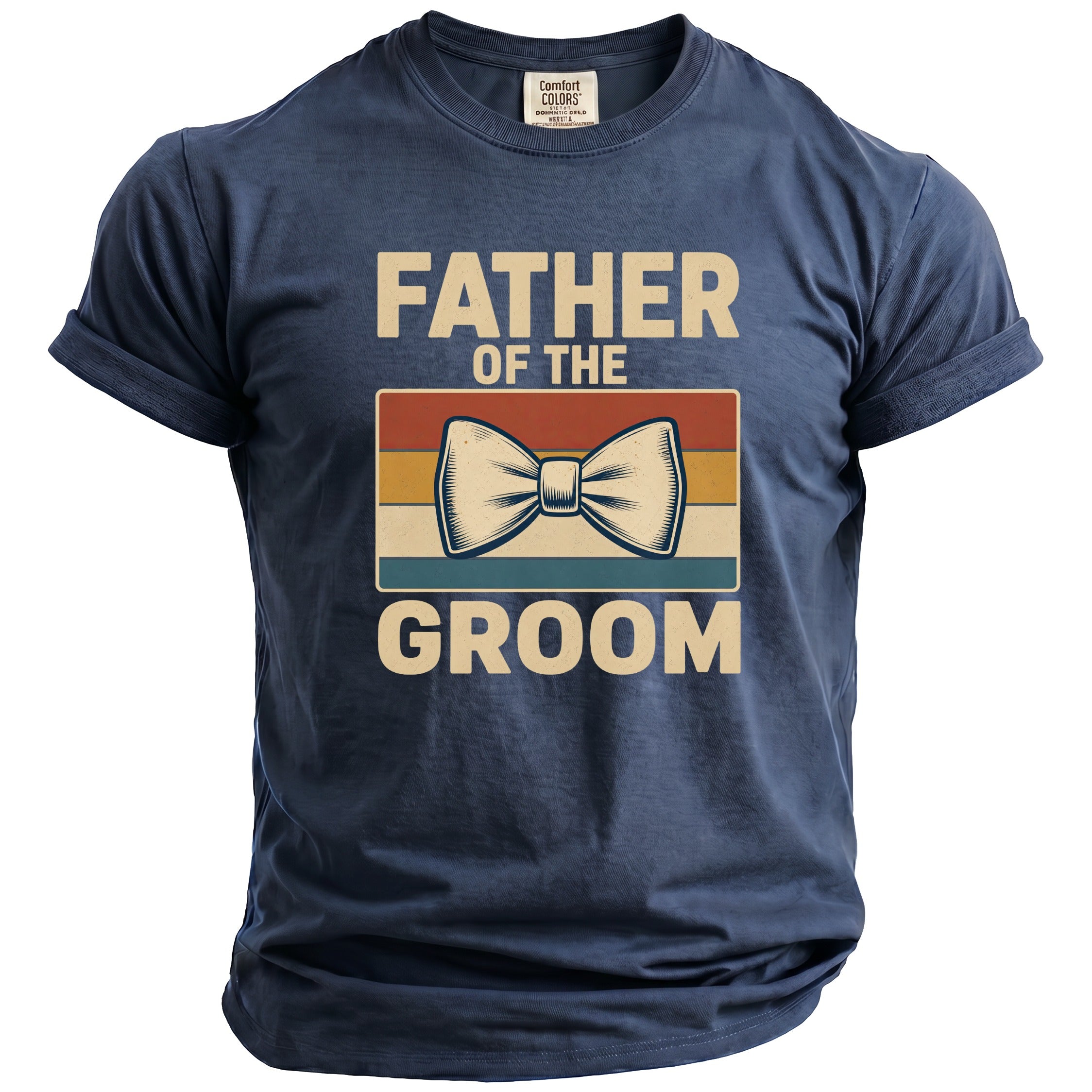 Navy t-shirt with "FATHER OF THE GROOM" text and a bow tie graphic.