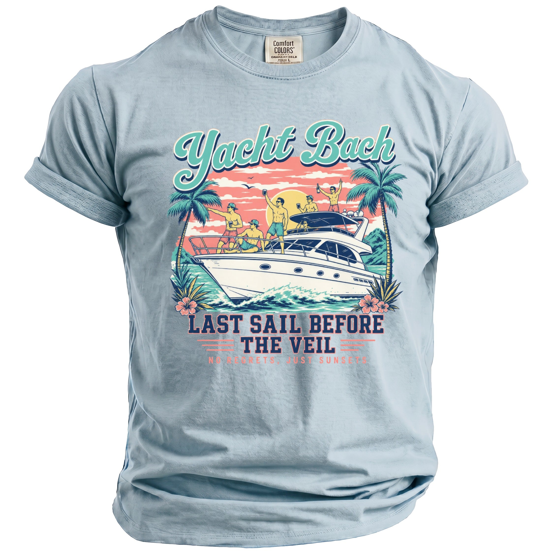 Light blue crewneck t-shirt featuring a retro graphic of men on a yacht at sunset with text reading Yacht Bach Last Sail Before The Veil.