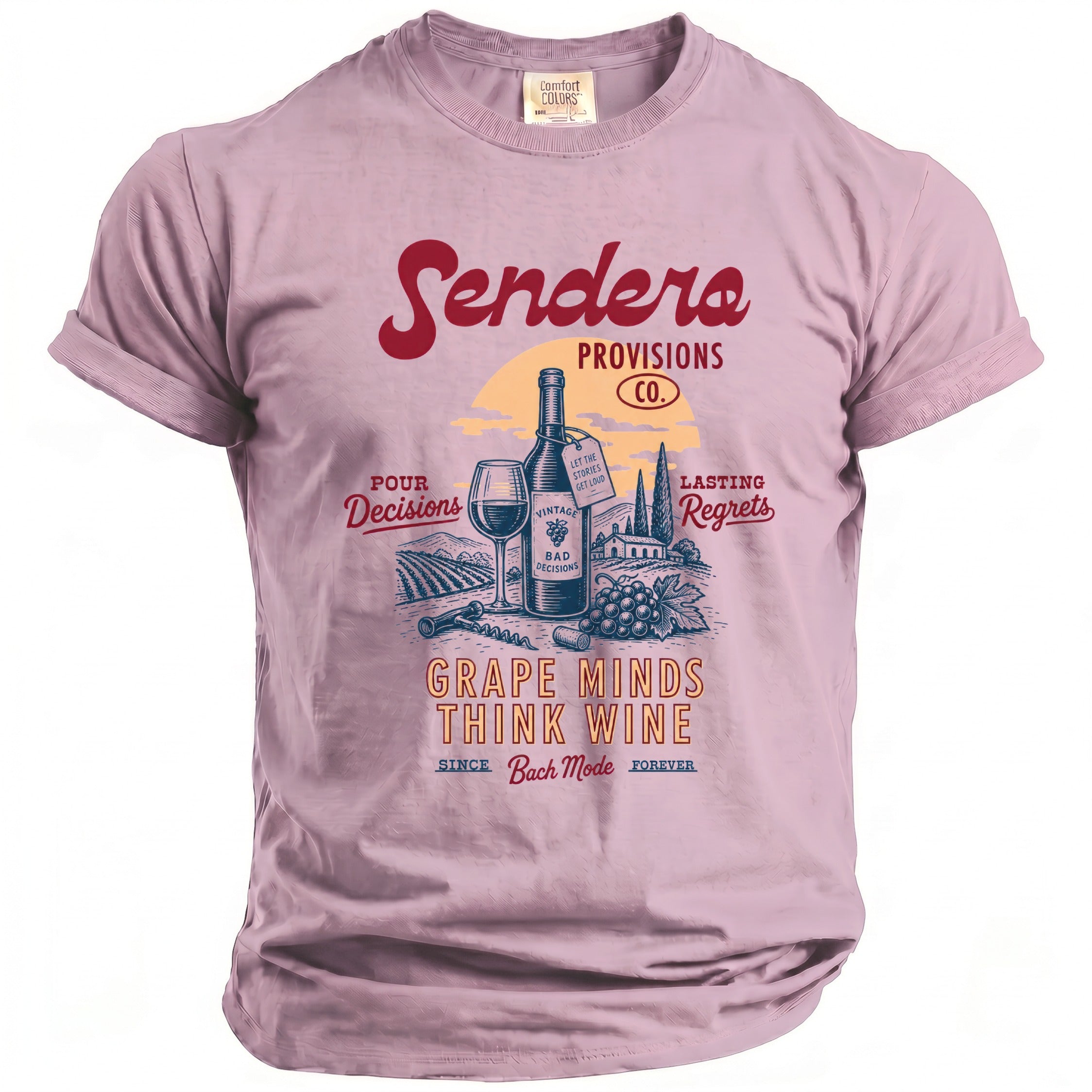 Sendera Provisions Co. t-shirt with "Grape Minds Think Wine" graphic.