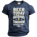 Navy t-shirt with text "Beer Today Husband Tomorrow Bachelor Party 2026" and a beer mug graphic.