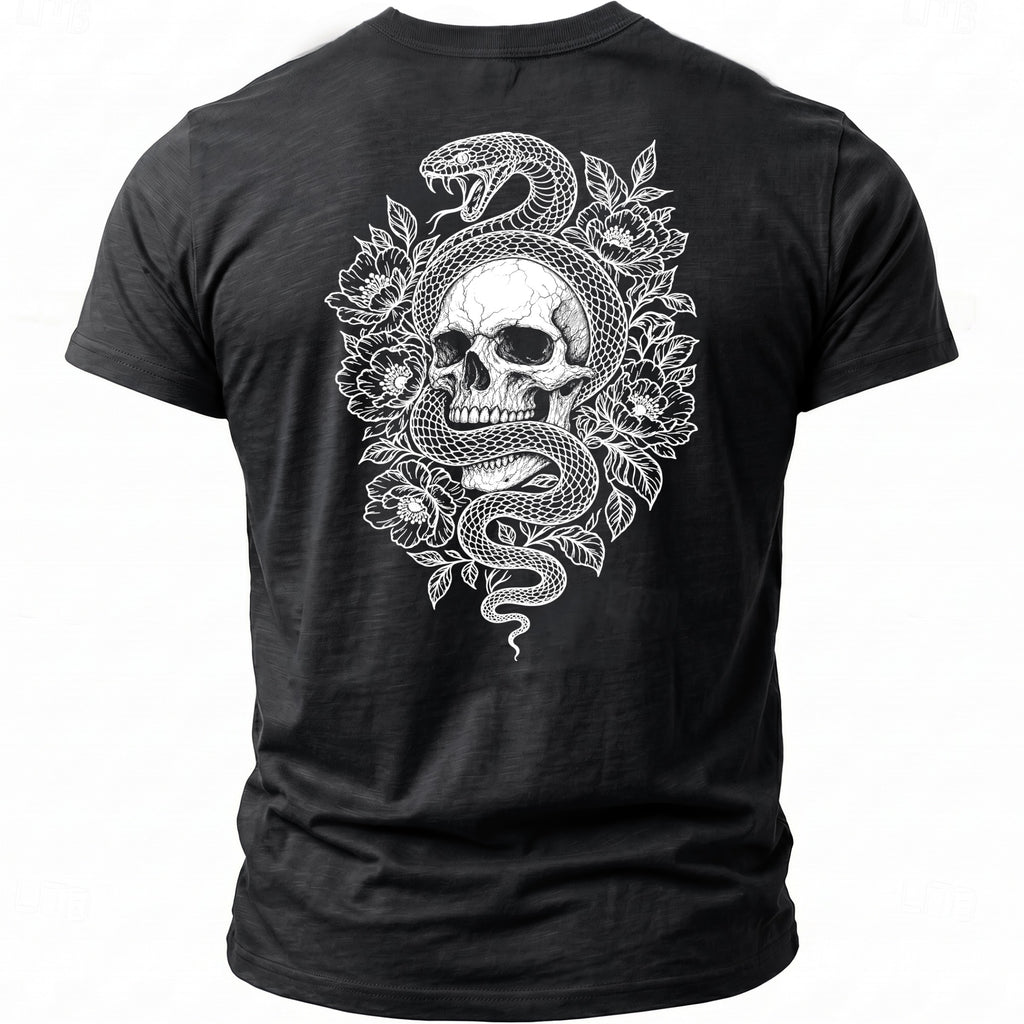 Black t-shirt with a white graphic of a skull wrapped in a snake and flowers.