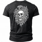 Black t-shirt with a white graphic of a skull wrapped in a snake and flowers.