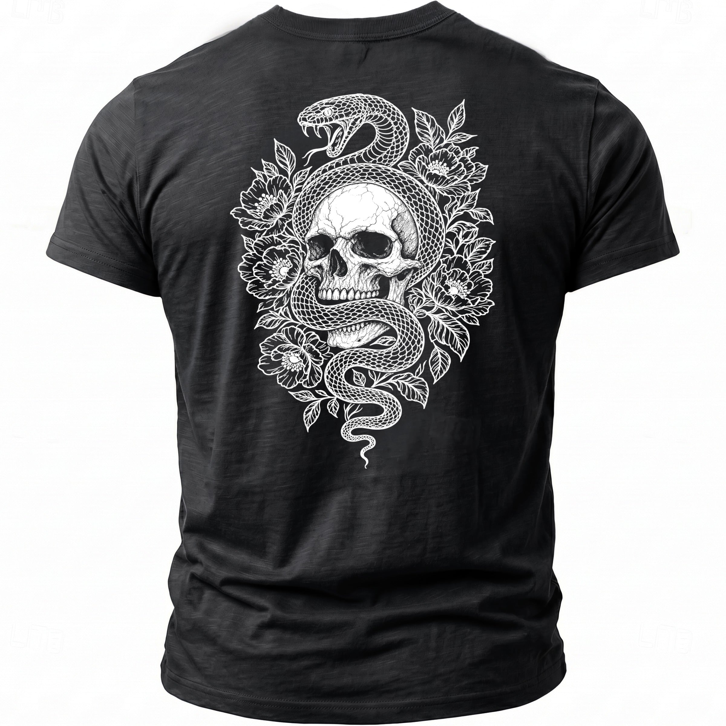 Black t-shirt with a white graphic of a skull wrapped in a snake and flowers.