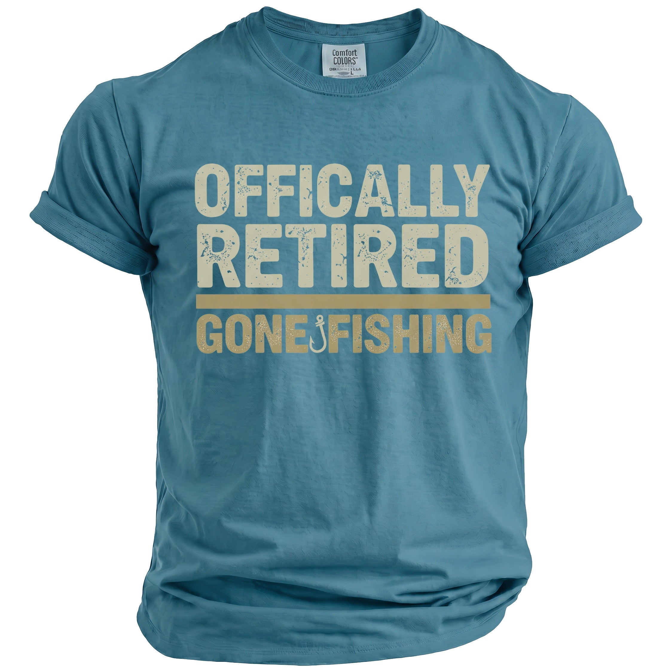 Blue t-shirt with distressed text reading "OFFICALLY RETIRED GONE FISHING".