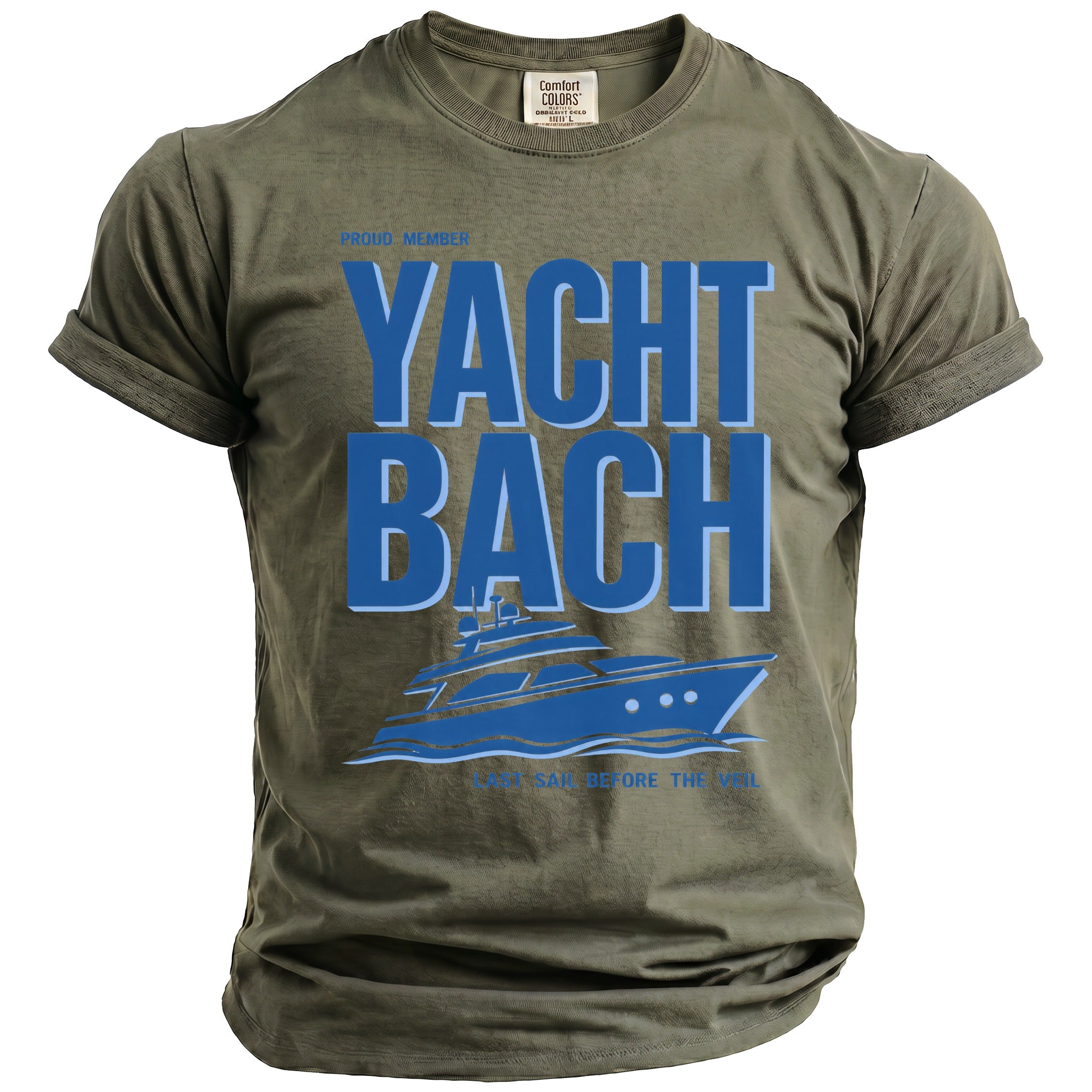 Khaki t-shirt with "PROUD MEMBER YACHT BACH" and a blue yacht graphic.