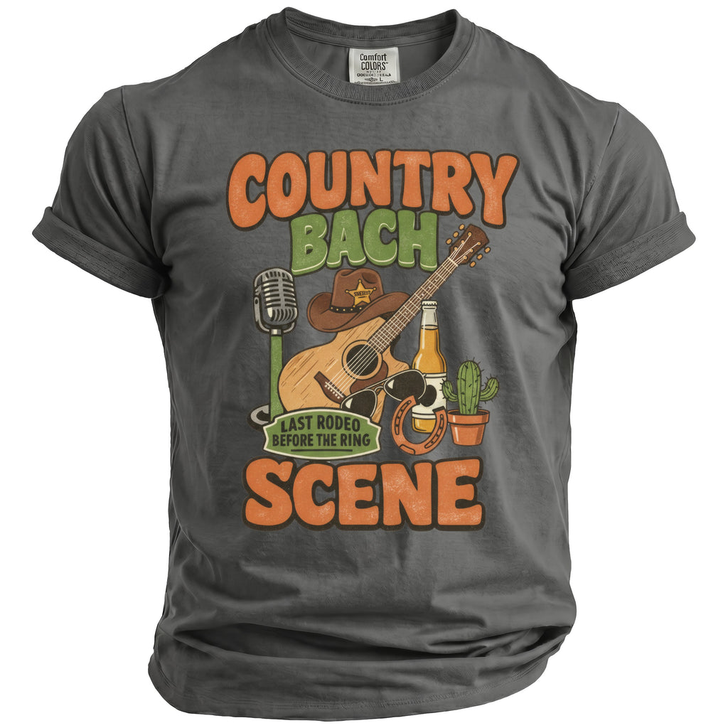 Grey t-shirt with "Country Bach Last Rodeo Before The Ring Scene" graphic.